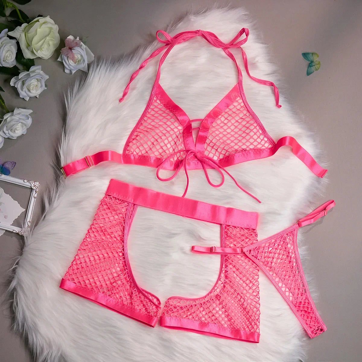 Lingerie Mesh See Through Soft Three Piece Suit Babydoll Nightwear Accessories