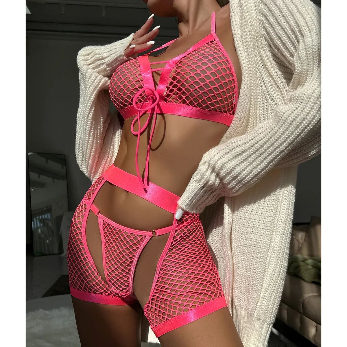 Lingerie Mesh See Through Soft Three Piece Suit Babydoll Nightwear Accessories