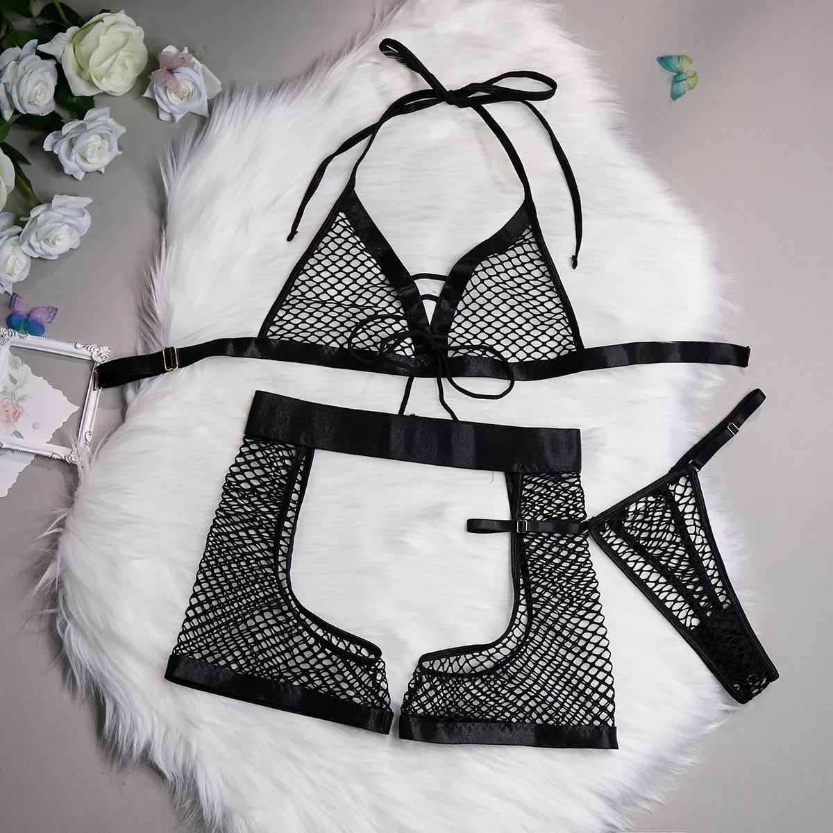 Lingerie Mesh See Through Soft Three Piece Suit Babydoll Nightwear Accessories