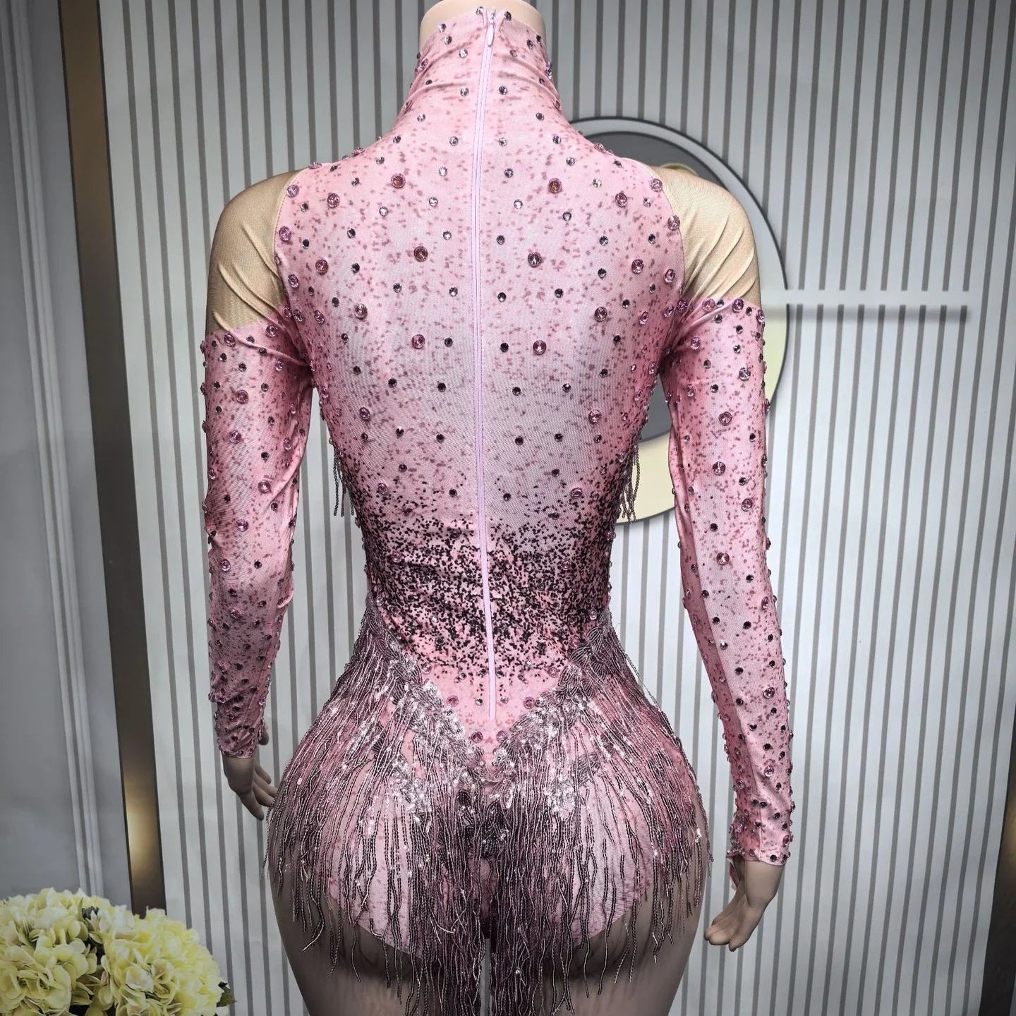 Shiny Silver Tassel Long Sleeve High Waist Jumpsuit Elegant Latin Dance Outfit