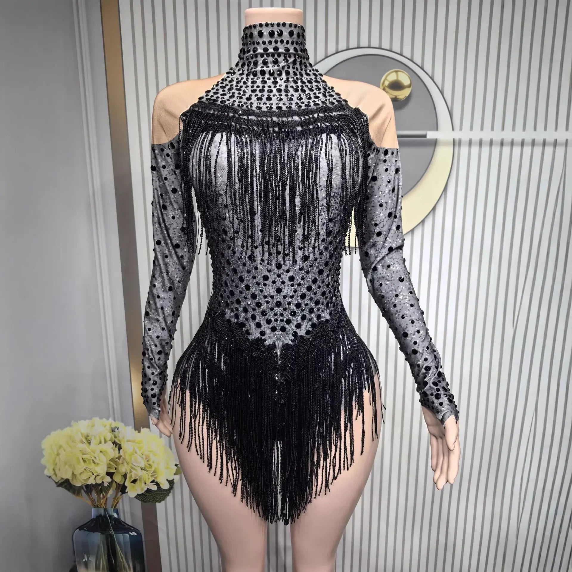 Shiny Silver Tassel Long Sleeve High Waist Jumpsuit Elegant Latin Dance Outfit