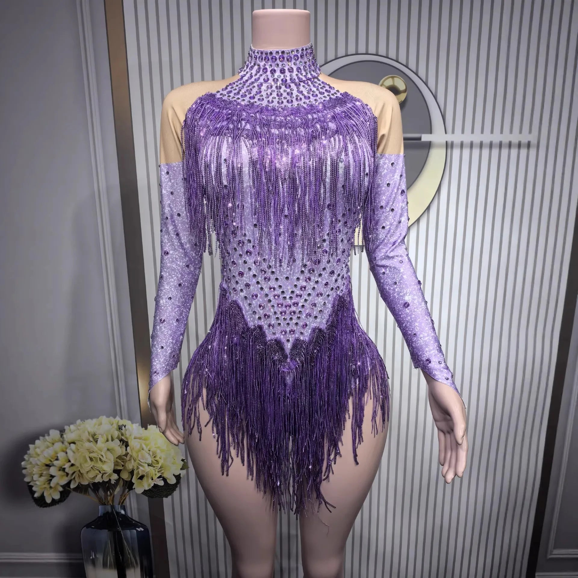 Shiny Silver Tassel Long Sleeve High Waist Jumpsuit Elegant Latin Dance Outfit