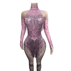 Shiny Silver Tassel Long Sleeve High Waist Jumpsuit Elegant Latin Dance Outfit