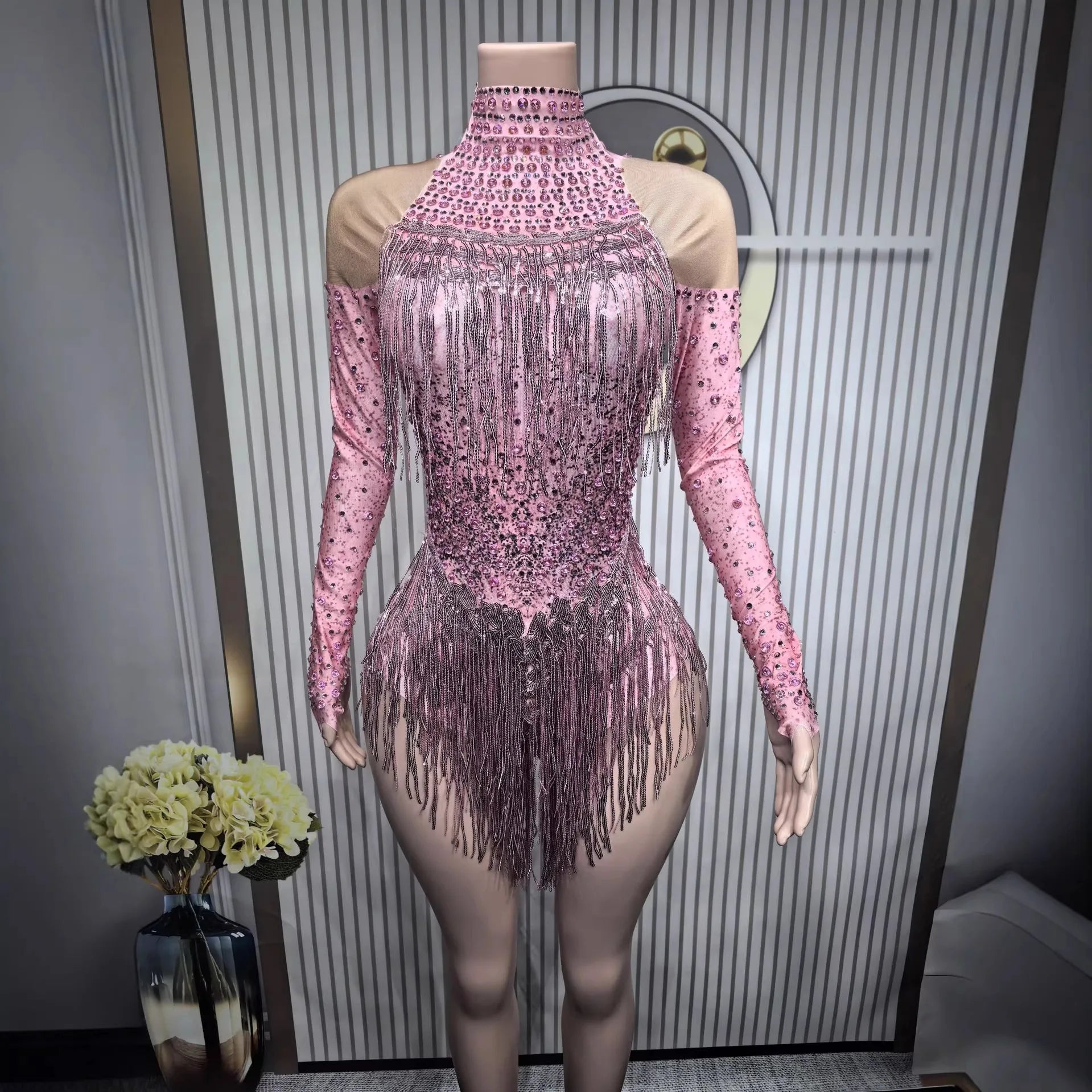 Shiny Silver Tassel Long Sleeve High Waist Jumpsuit Elegant Latin Dance Outfit