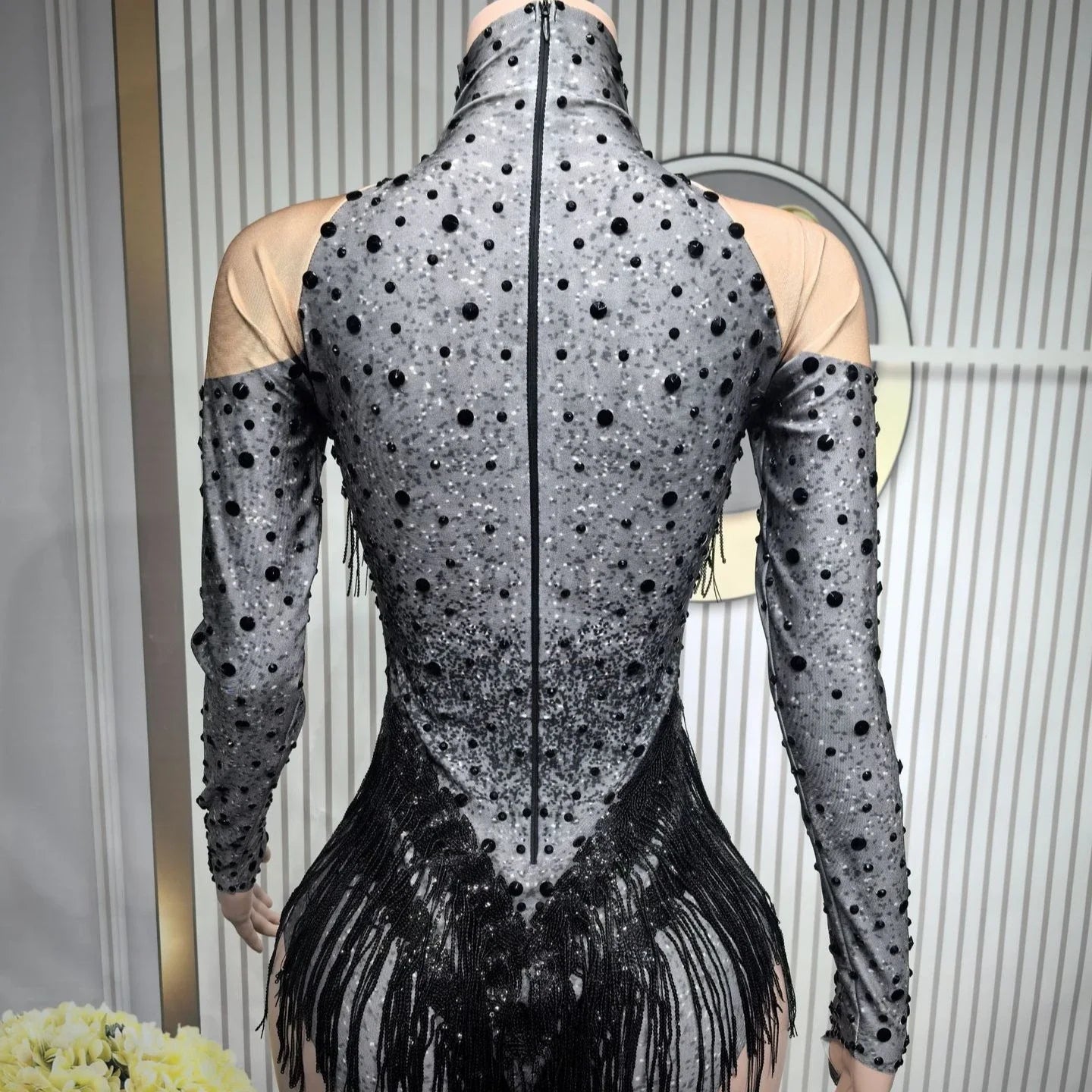Shiny Silver Tassel Long Sleeve High Waist Jumpsuit Elegant Latin Dance Outfit