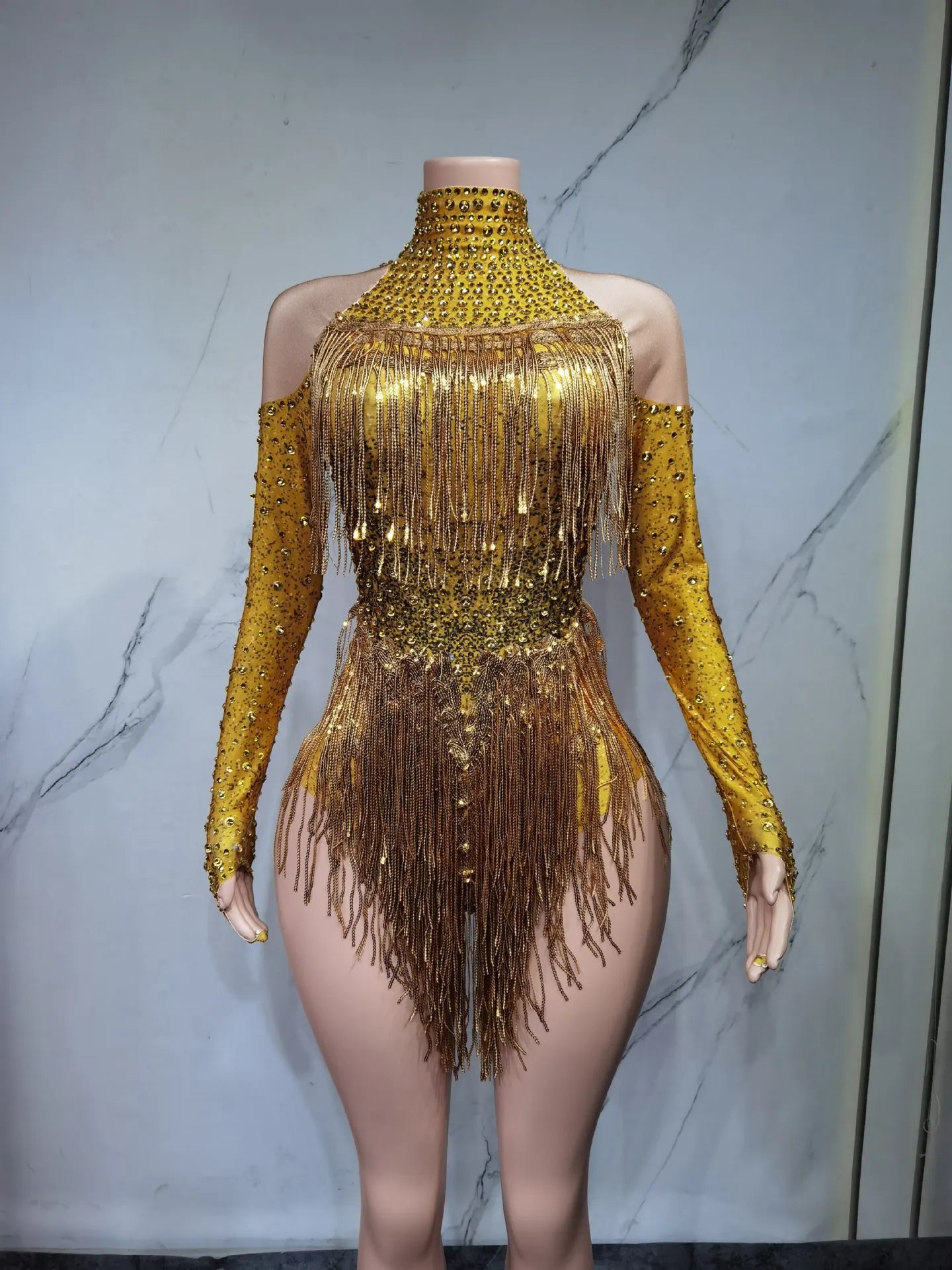 Shiny Silver Tassel Long Sleeve High Waist Jumpsuit Elegant Latin Dance Outfit