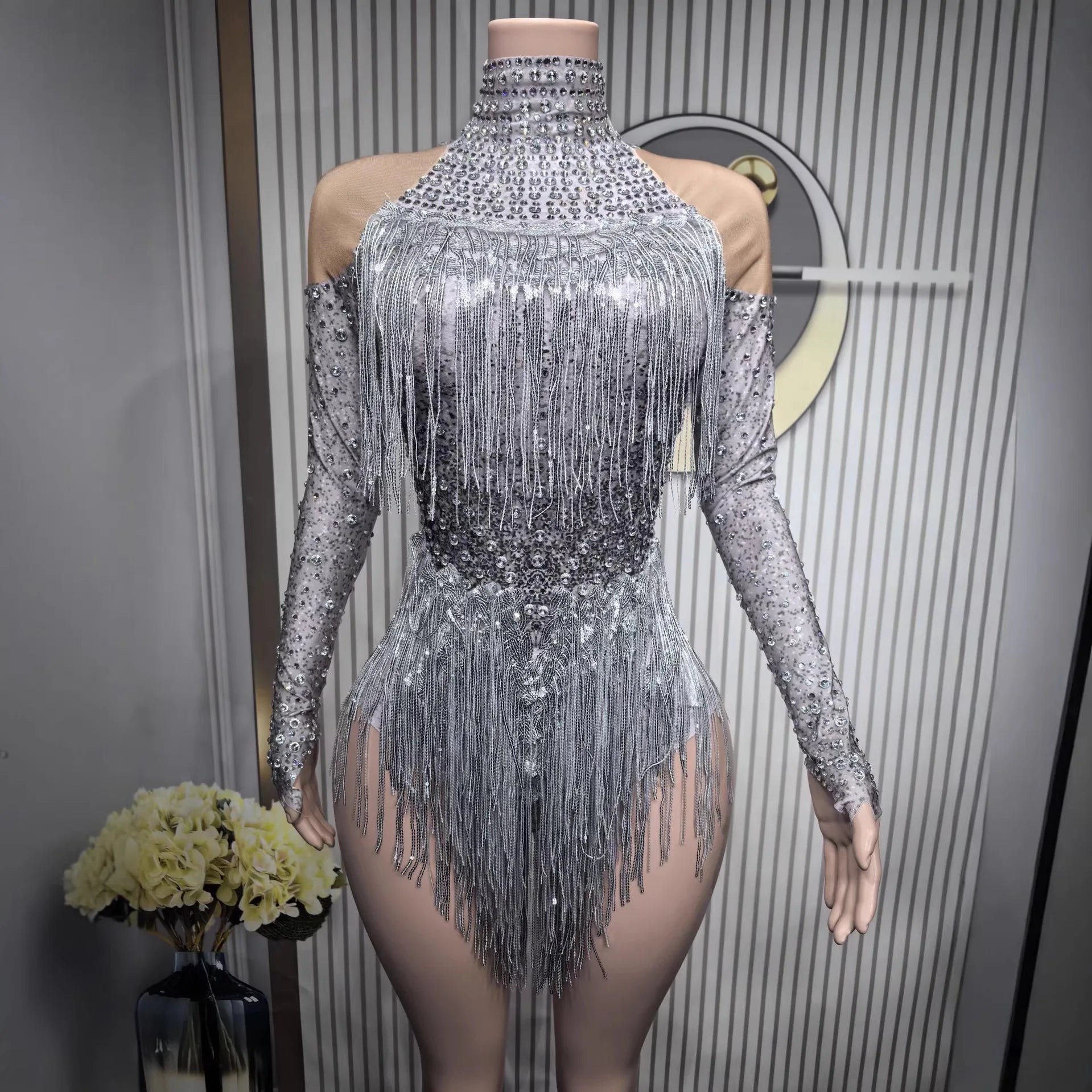 Shiny Silver Tassel Long Sleeve High Waist Jumpsuit Elegant Latin Dance Outfit