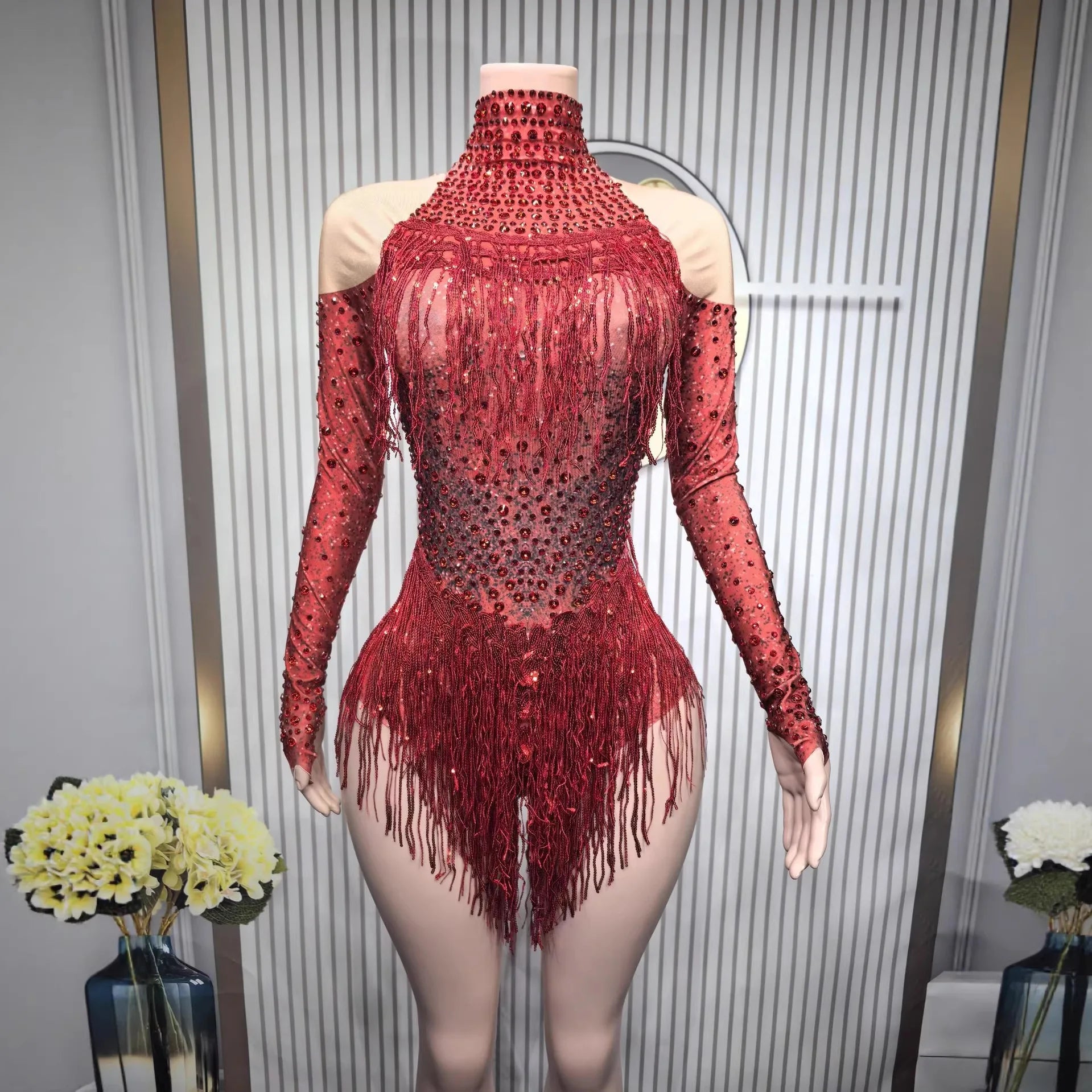 Shiny Silver Tassel Long Sleeve High Waist Jumpsuit Elegant Latin Dance Outfit