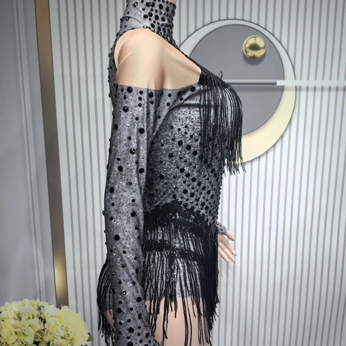 Shiny Silver Tassel Long Sleeve High Waist Jumpsuit Elegant Latin Dance Outfit