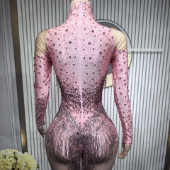 Shiny Silver Tassel Long Sleeve High Waist Jumpsuit Elegant Latin Dance Outfit