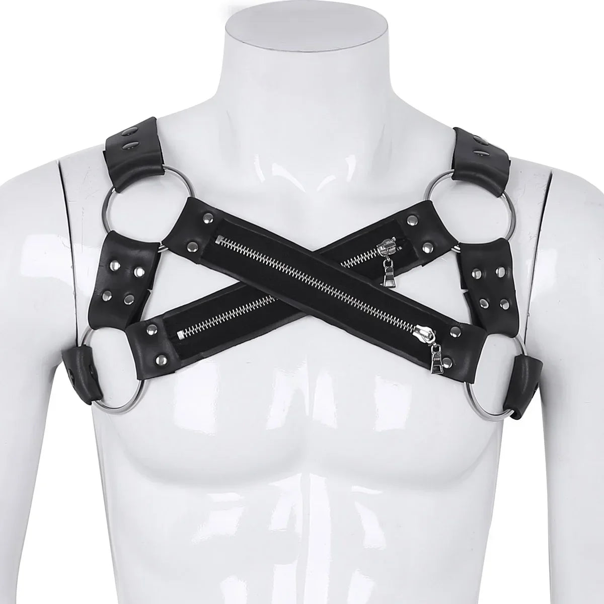 Faux Leather Harness Mens Lingerie Night Clubwear Shoulder Body Chest Muscle Harness Belt Male Straps with Metal O-rings