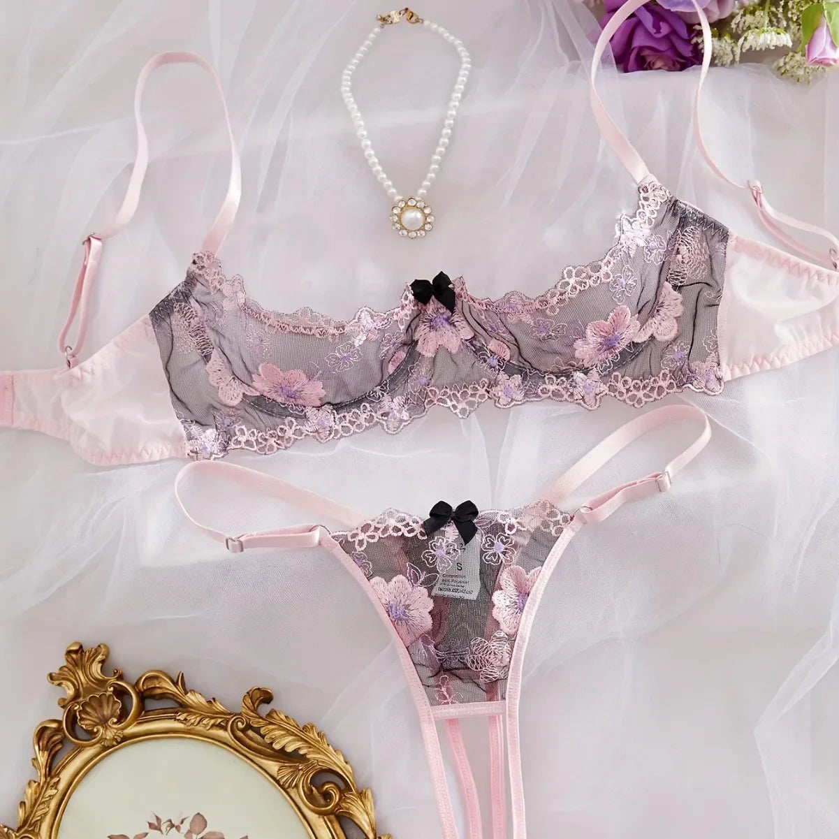 Floral Breathable Open Bra Lingerie Sets
