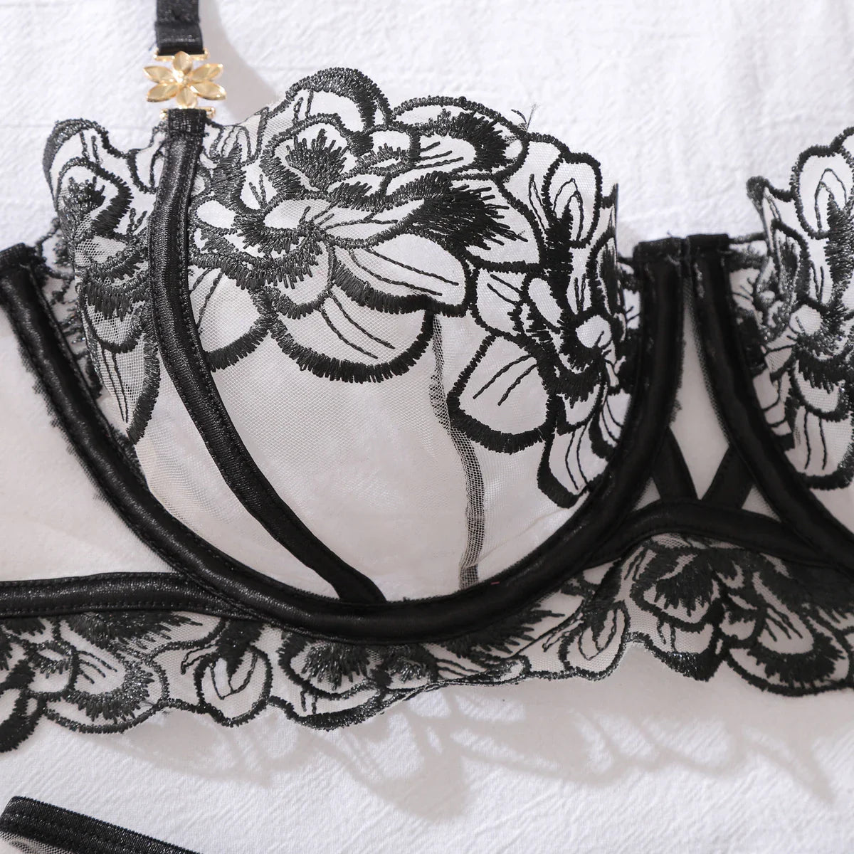 Floral Embroidery Lingerie Set Sheer Bra and Briefs Intimates Underwear Sensual Honey Bra Belt Thong