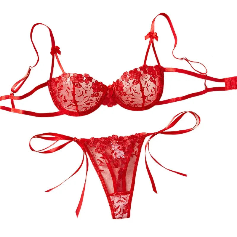 Floral Embroidery Pure Bra Bowknot Lace Up Thongs Erotic Seductive Underwearss Clothings Lingerie Set