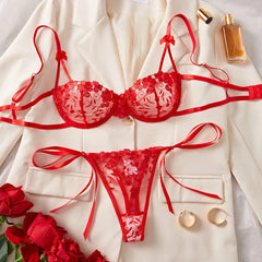 Floral Embroidery Pure Bra Bowknot Lace Up Thongs Erotic Seductive Underwearss Clothings Lingerie Set
