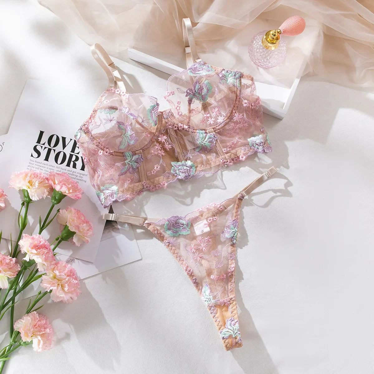 Floral Lingerie Set PushUp Bra Thong Sheer Mesh Underwear Breathable Lace Bralette Kits