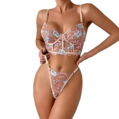 Floral Lingerie Set PushUp Bra Thong Sheer Mesh Underwear Breathable Lace Bralette Kits