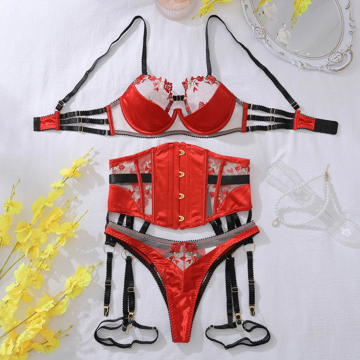 Flower Bud Decoration Perspective Splicing Lingerie Red Rose Embroidery Belly Closure Lingerie Split Four Piece Erotic Set