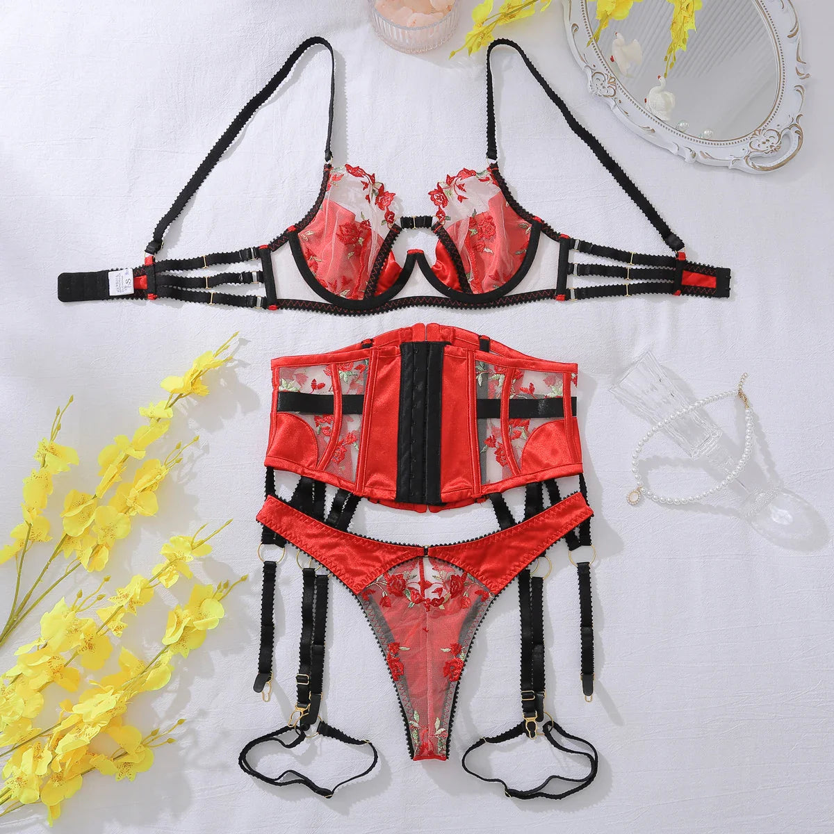 Flower Bud Decoration Perspective Splicing Lingerie Red Rose Embroidery Belly Closure Lingerie Split Four Piece Erotic Set
