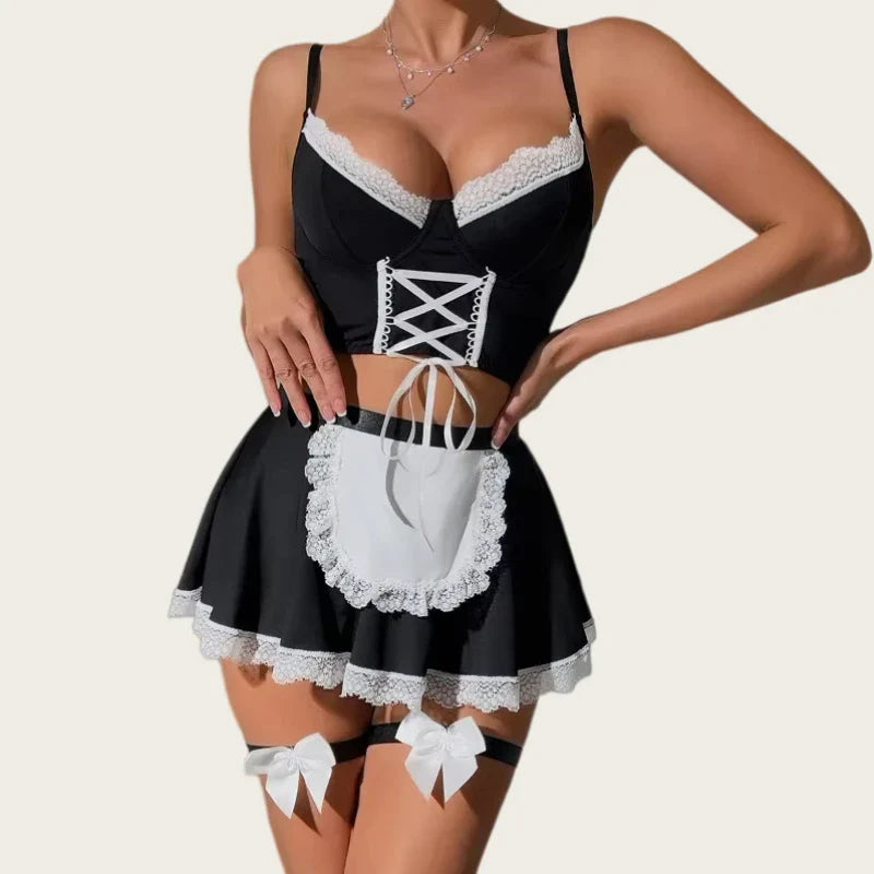 French Bow Lace Up Lingerie Sets Maid Costumes 3 Piece Lace Patchwork Push Up Bra Panty and Mini Skirt Roleplay Set