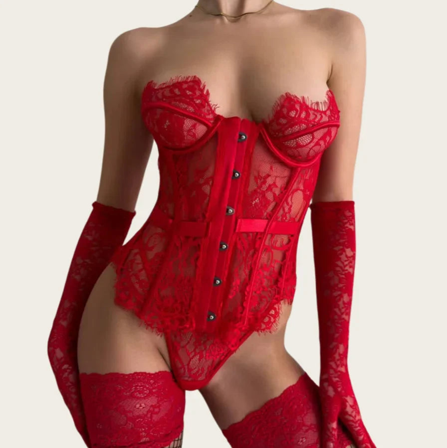 French Elegant Lingerie Sets Willowy Corset Thong 2PC Set Strapless Lace Seductive Deep V-neck Underwear