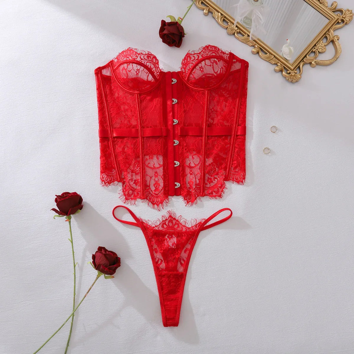 French Elegant Lingerie Sets Willowy Corset Thong 2PC Set Strapless Lace Seductive Deep V-neck Underwear