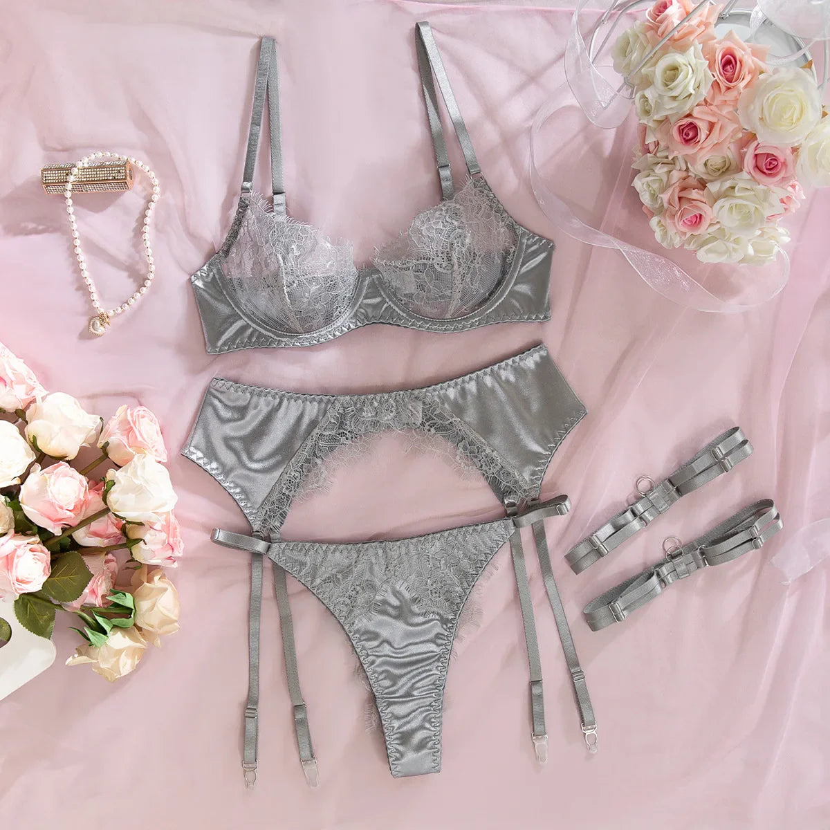 French Eyelash Lace Lingerie Sets See Through Mesh Satin Splicing Matching Set Bra and Panty Underwear