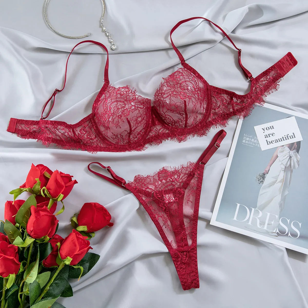 French Eyelash Lace Lingerie Sets Ultra Thin Transparent Push Up Bra and Panty 2 Pieces Underwear Valentine's Gift