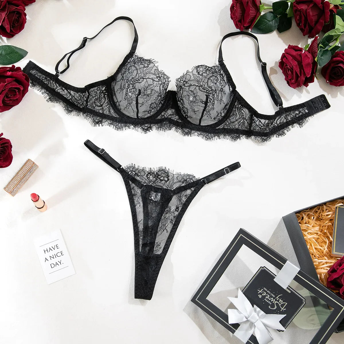 French Eyelash Lace Lingerie Sets Ultra Thin Transparent Push Up Bra and Panty 2 Pieces Underwear Valentine's Gift