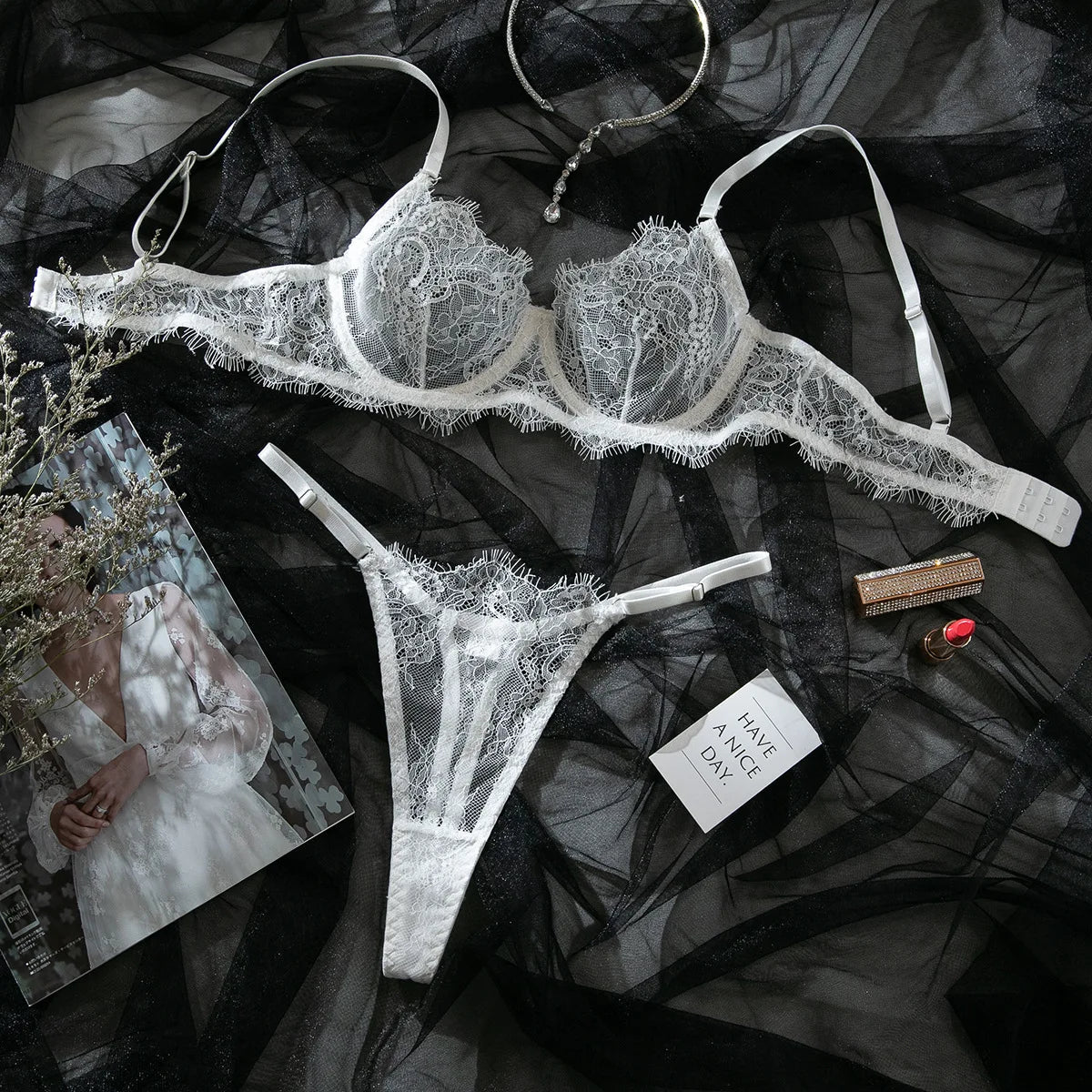 French Eyelash Lace Lingerie Sets Ultra Thin Transparent Push Up Bra and Panty 2 Pieces Underwear Valentine's Gift