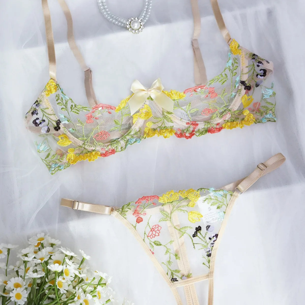 French Floral Embroidery Western Bra Crotchless Open Lace Erotic Suits