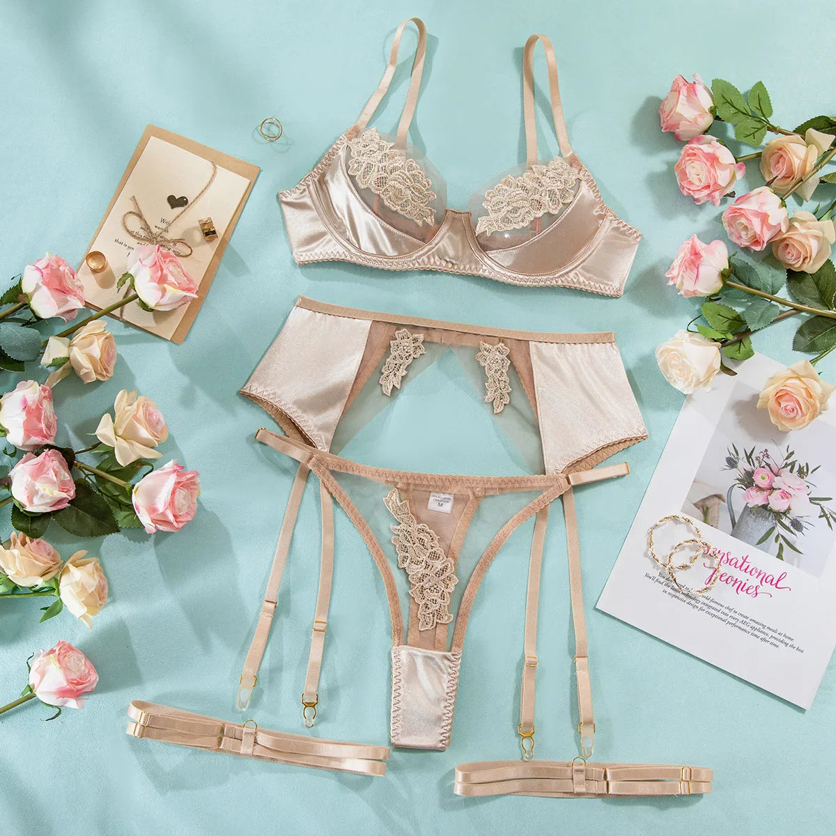 French Floral Lace Lingerie Sets Sissy Outfit 4 Pcs Sets Mesh Patchwork See Through Bra and Thong Suits