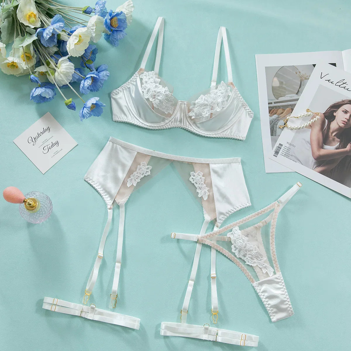French Floral Lace Lingerie Sets Sissy Outfit 4 Pcs Sets Mesh Patchwork See Through Bra and Thong Suits