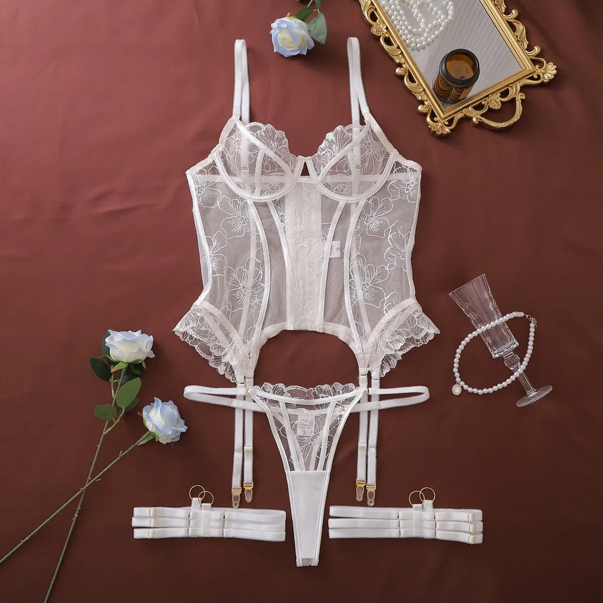 French Lace Embroidered Lingerie Sets Romantic Corset Thong 2PC with Leg Circles Miss Girls' Intimates