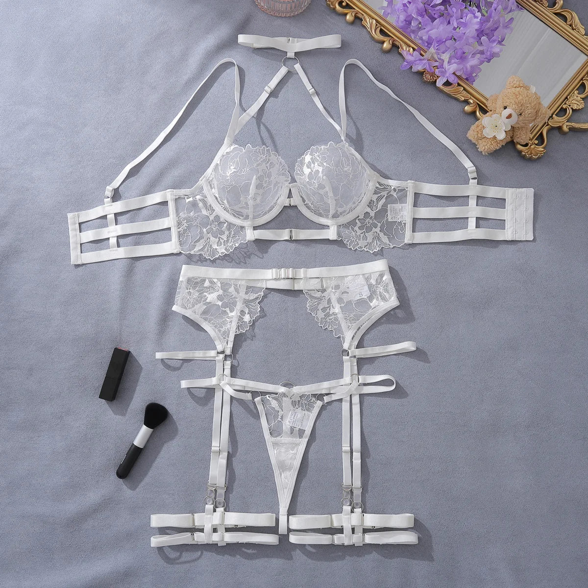 French Lace Lingerie Sets Halter Bra Push Up Erotic Underwear Transparent
