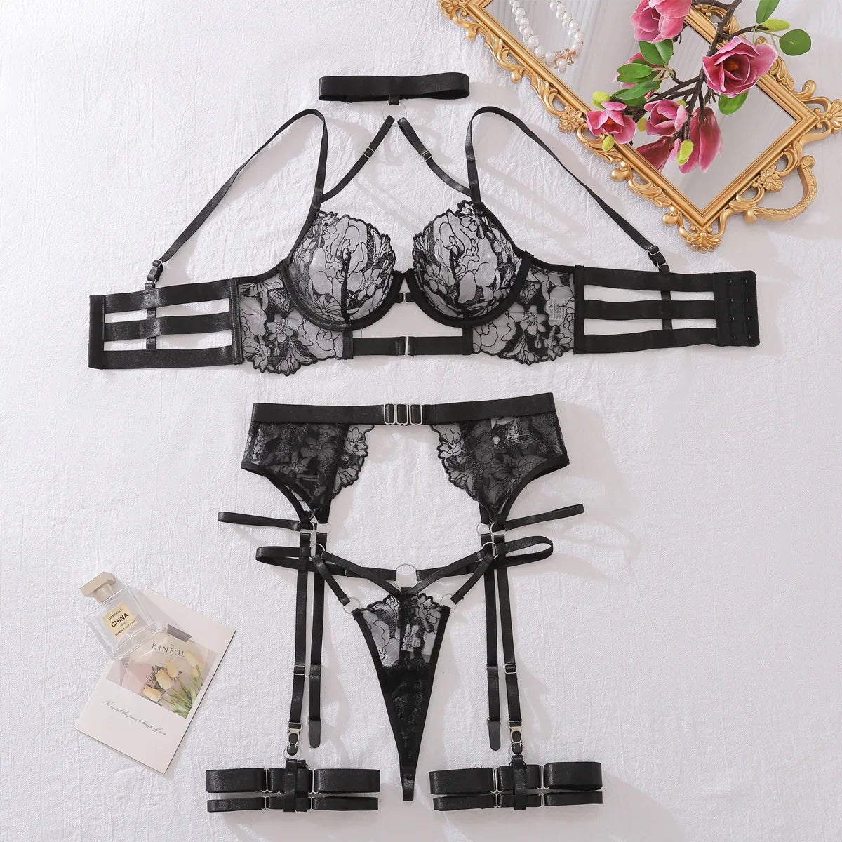 French Lace Lingerie Sets Halter Bra Push Up Erotic Underwear Transparent