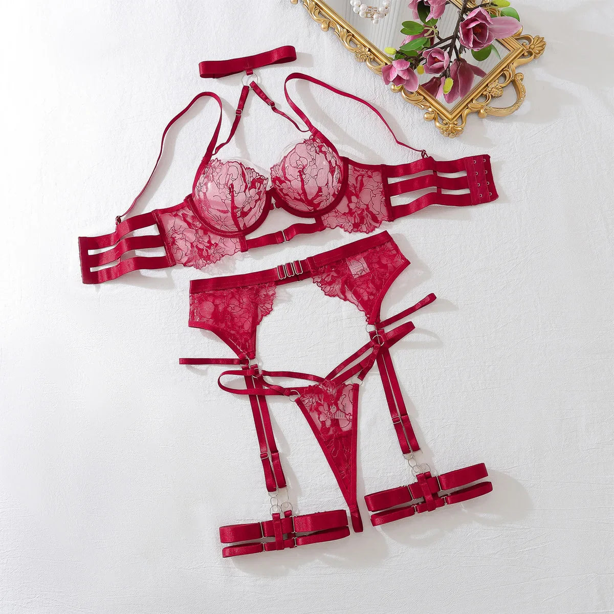 French Lace Lingerie Sets Halter Bra Push Up Erotic Underwear Transparent