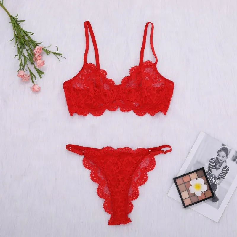 French Lace Lingerie Set See-through Floral Lace Push Up Bra Panty Set Body Shaping Underwear Bridal Honeymoon Outfit