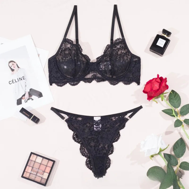 French Lace Lingerie Set See-through Floral Lace Push Up Bra Panty Set Body Shaping Underwear Bridal Honeymoon Outfit