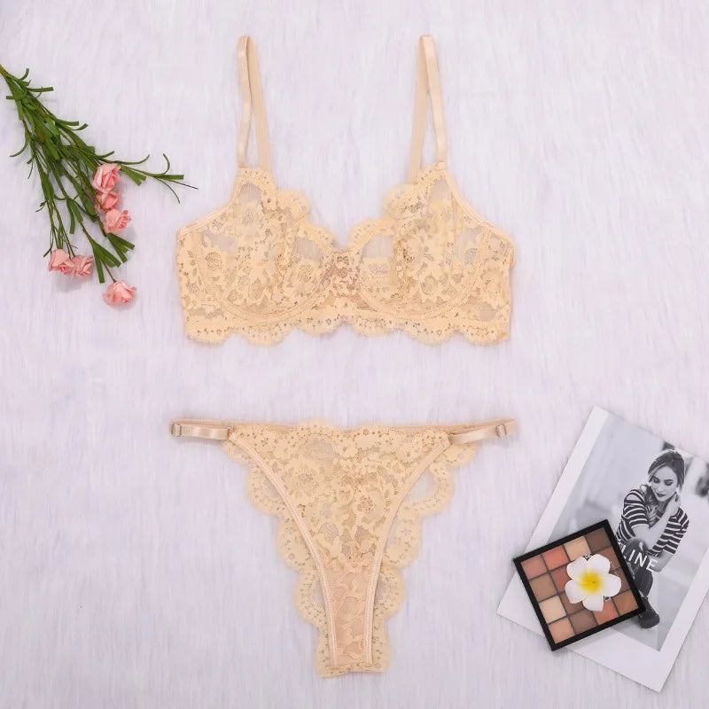 French Lace Lingerie Set See-through Floral Lace Push Up Bra Panty Set Body Shaping Underwear Bridal Honeymoon Outfit
