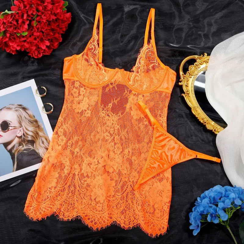 French Lace Patchwork Mesh See-through Jumpsuit Lingerie Sets with Thongs Push-up Body Shaping Separates Nightgown