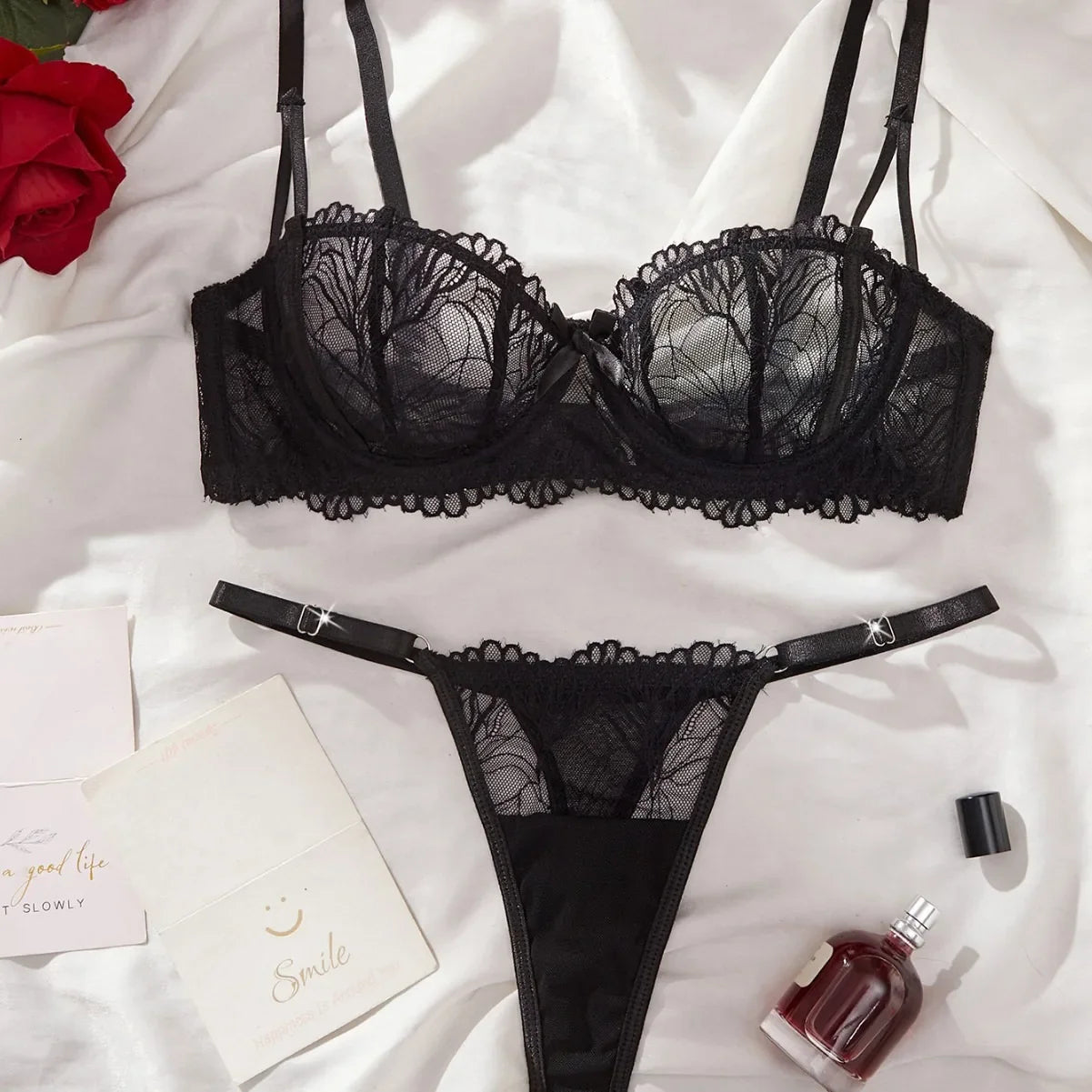 French Lace Transparent Half Cup Bras Erotic Seductive Underwearss Clothingss Seductive Lingerie Set