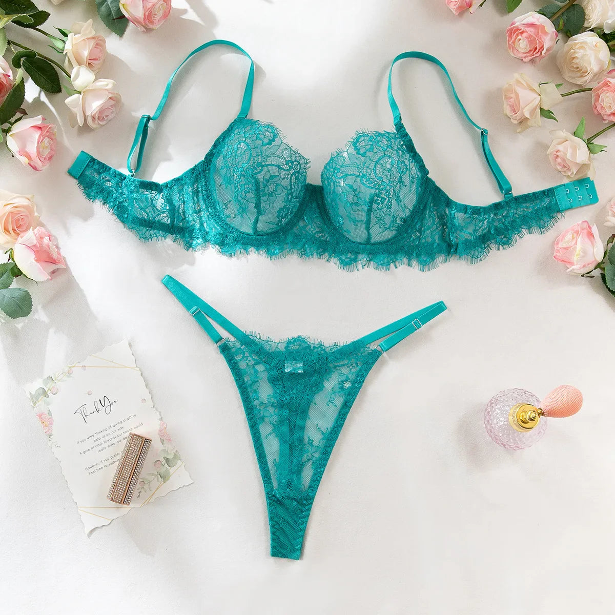 French Lace Trim Thin Hollow Out Bra Thong