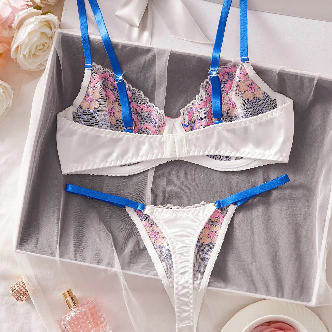 French Mesh Embroidered Flower Floral Blossom Lace Embroidery Underwear Bra Briefs Lingerie Set