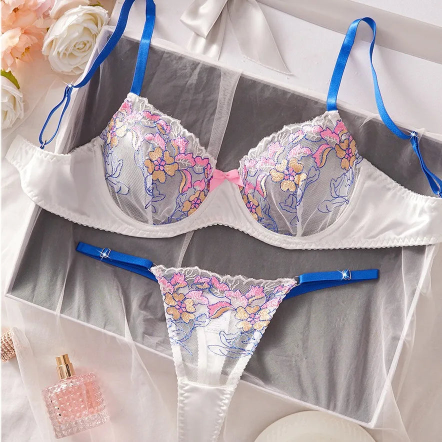 French Mesh Embroidered Flower Floral Blossom Lace Embroidery Underwear Bra Briefs Lingerie Set