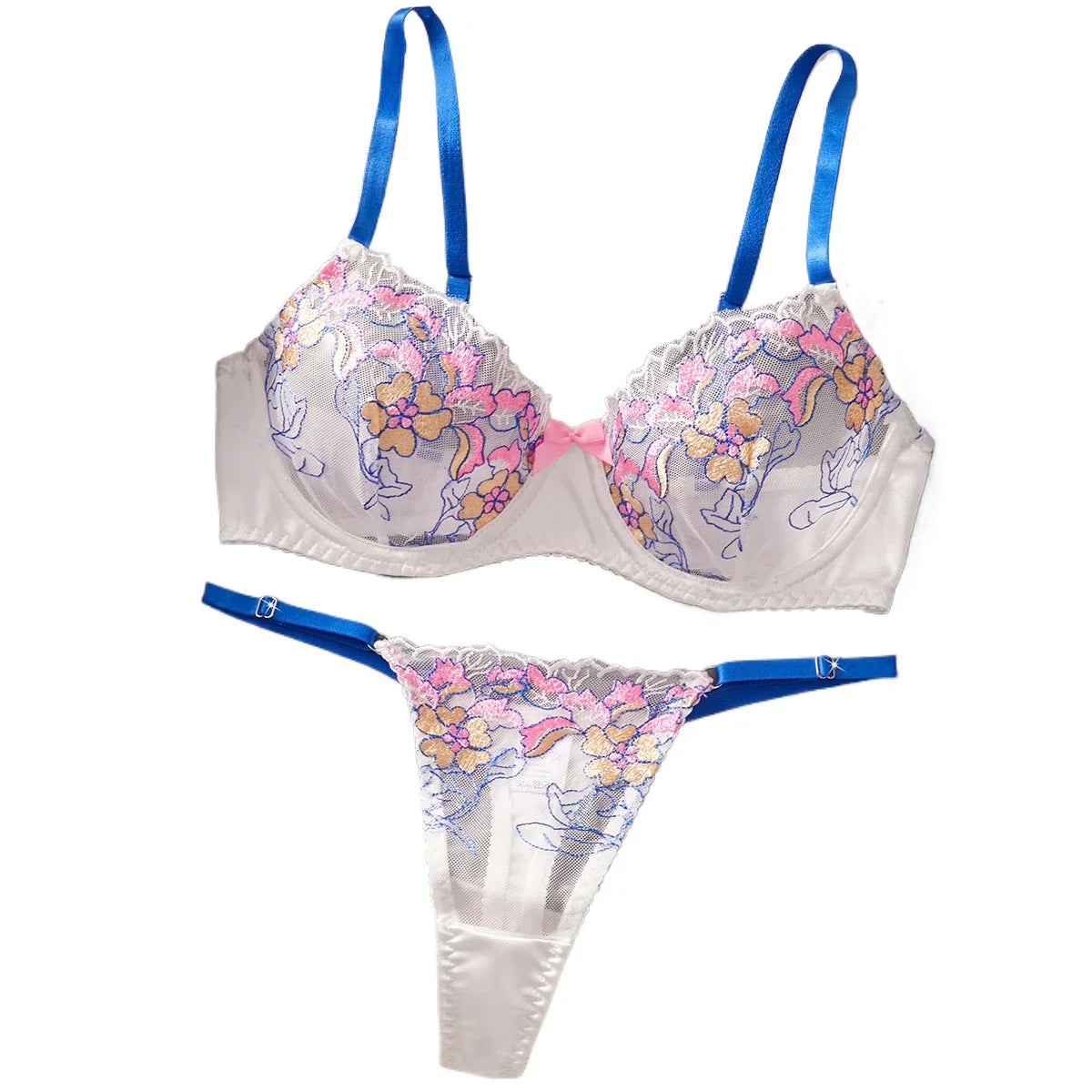 French Mesh Embroidered Flower Floral Blossom Lace Embroidery Underwear Bra Briefs Lingerie Set