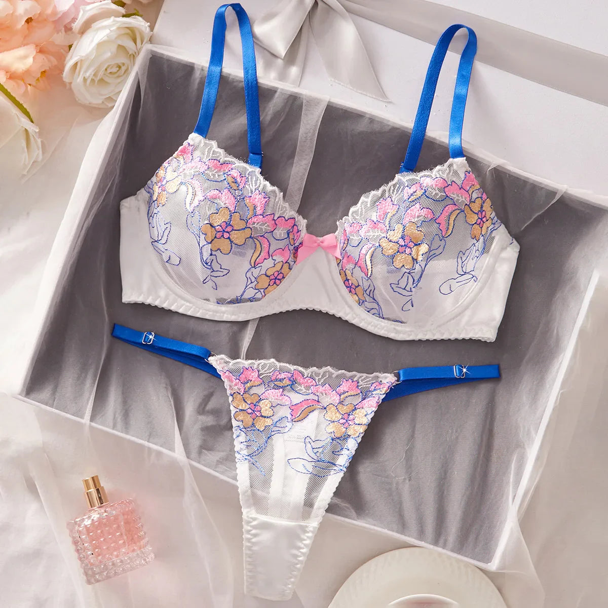 French Mesh Embroidered Flower Floral Blossom Lace Embroidery Underwear Bra Briefs Lingerie Set