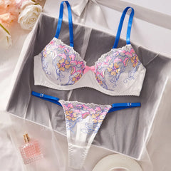 French Mesh Embroidered Flower Floral Blossom Lace Embroidery Underwear Bra Briefs Lingerie Set