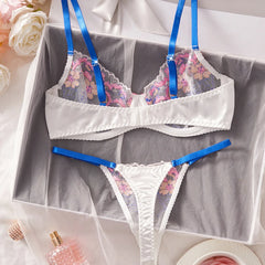French Mesh Embroidered Flower Floral Blossom Lace Embroidery Underwear Bra Briefs Lingerie Set