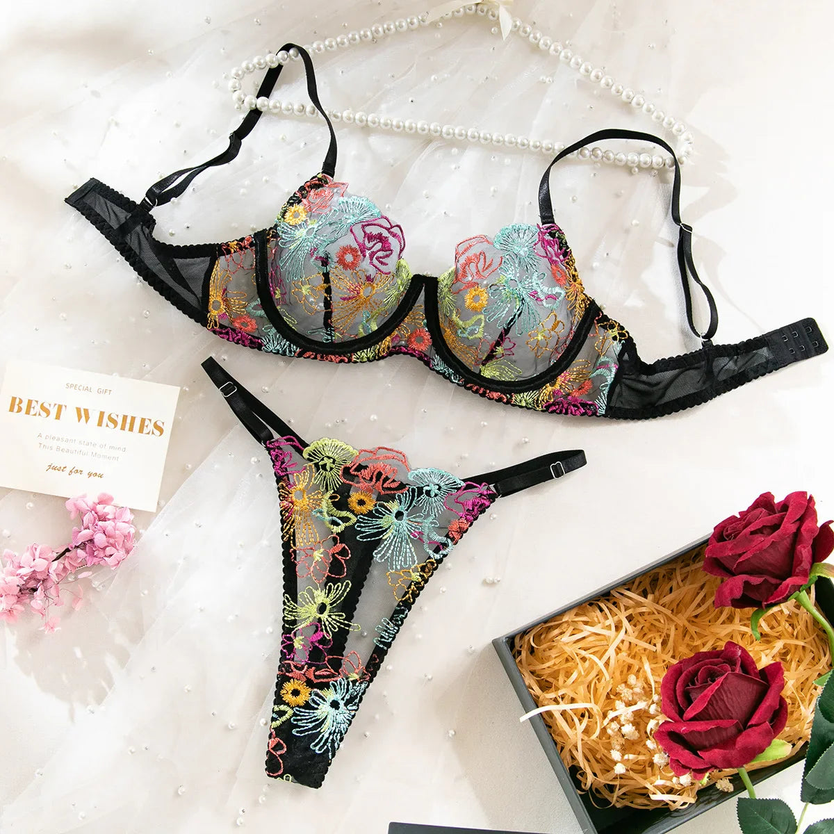 French See Through Embroidered Floral Print Push Up Bra Thong